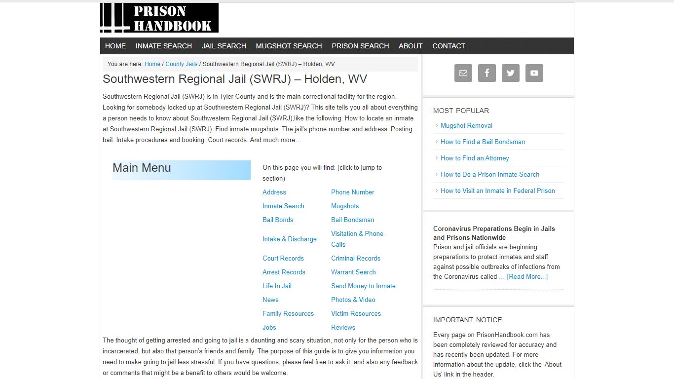 Southwestern Regional Jail (SWRJ) – Holden, WV - Prison Handbook